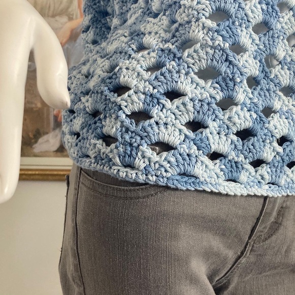 HANDMADE knit crochet top in shades of blue - Picture 4 of 8